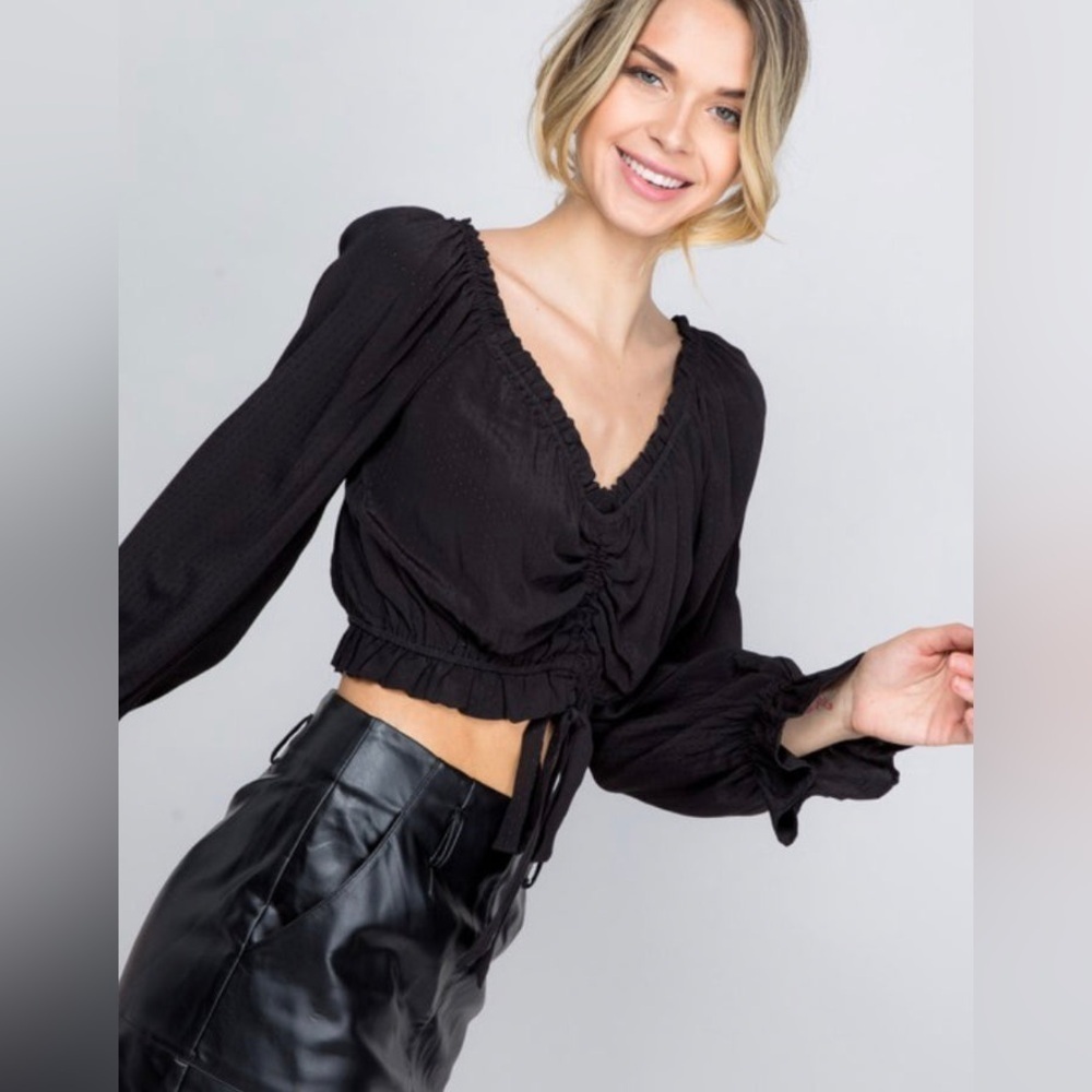 Black Ruched V-Neck Women's Top